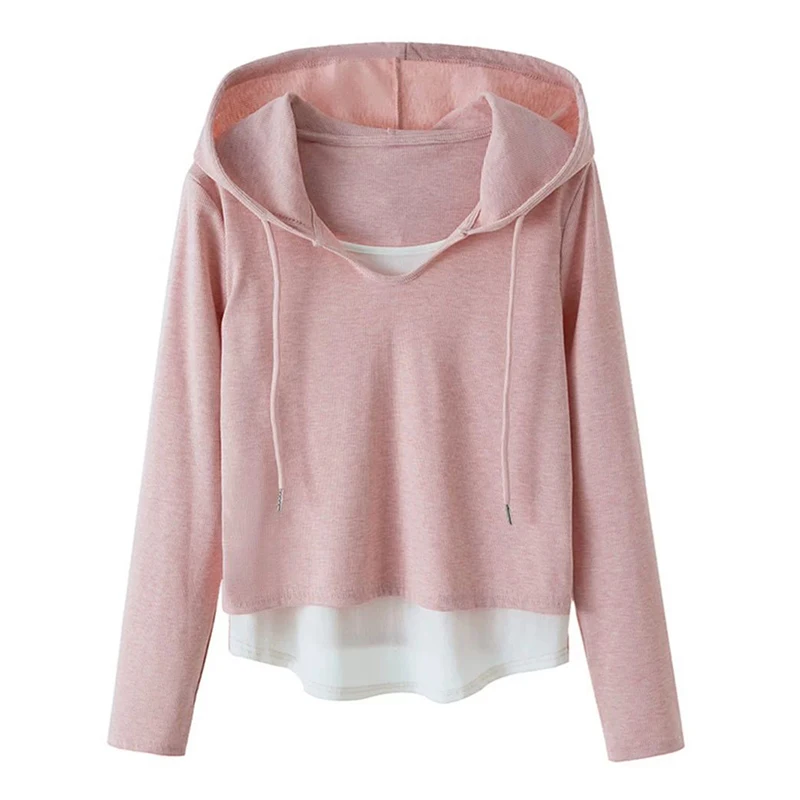 Spring Irregular Hem Women Long Sleeve Hooded T Shirt Fake Two Piece Korean Fashion All-match 2xl Oversized Pullover Black Khaki