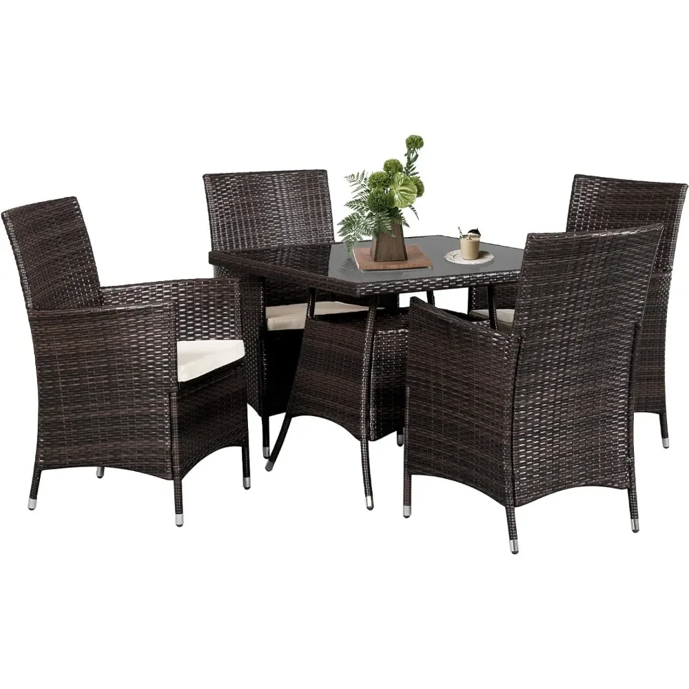 5 Piece Outdoor Dining Set, Wicker Patio Diner Table and Chair with Cushions, Tempered Glass Tabletop with 9 FT Patio Umbrella