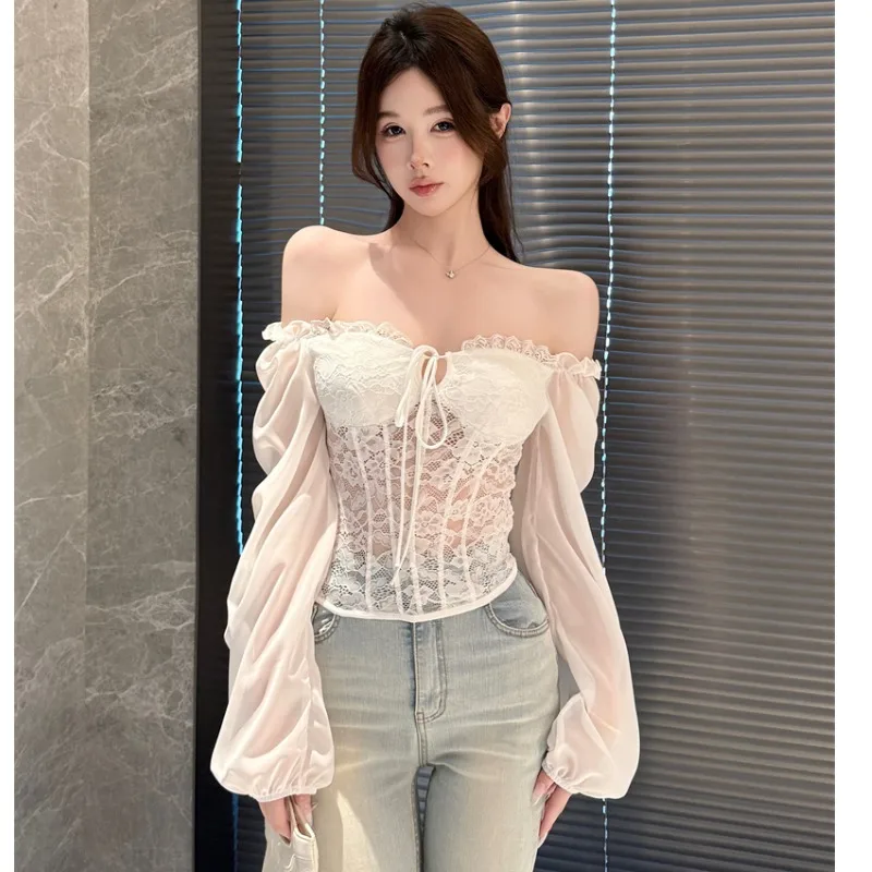 

Sexy Lace Splice Chiffon Long Sleeve Slimming Shirt Spring 2026 Micro Translucent Design Lace Top Women's Fashion Spring 2026