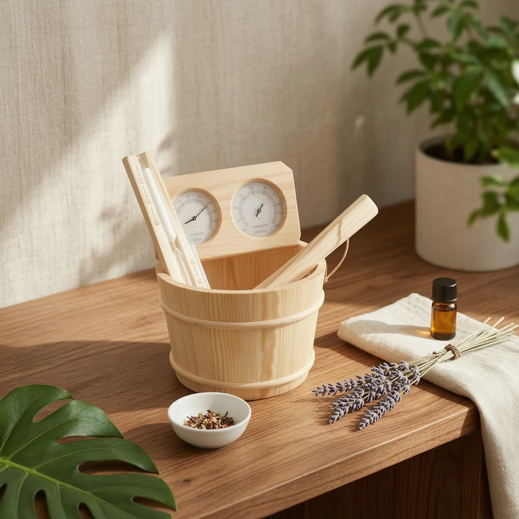 Sauna Accessory Bundle Traditional Sauna Pail and Ladle Set Authentic Heat-Resistant for Homeowners, Home Spa, Bathhouse