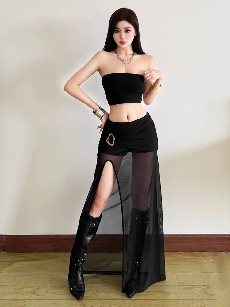 Maxi Skirt Sheer Mesh Patchwork High Waist Slit Hip Hugging Slimming Flattering Chic Ultra Gorgeous Stunning Trendy Cool Dress