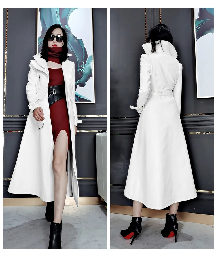 Mauroicardi Spring Autumn White Fitted Long Pu Leather Coat Women Zipper Belt Elegant Chic Luxury Designer Fake 2 Clothes 2024