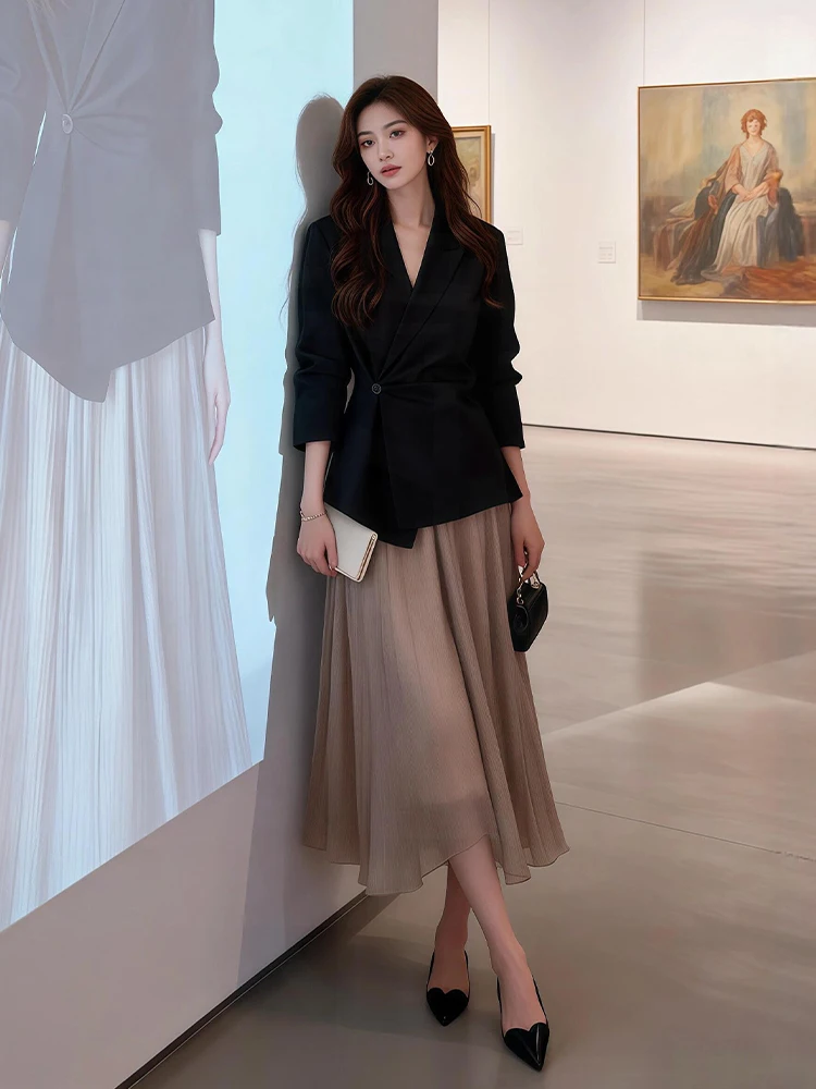 

Elegant Black Suit Jacket And Skirt Set Women's Fashion Spring Collection High Waist Midi Skirt Comfortable Long Sleeve ...