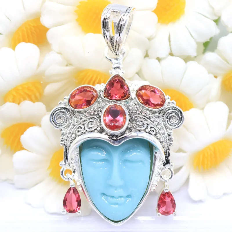 

SheCrown 48x29mm 12g Egypt Goddess Blue Turquoise Face Rhodolite Garnet Blue Topaz Women Silver Pendant
