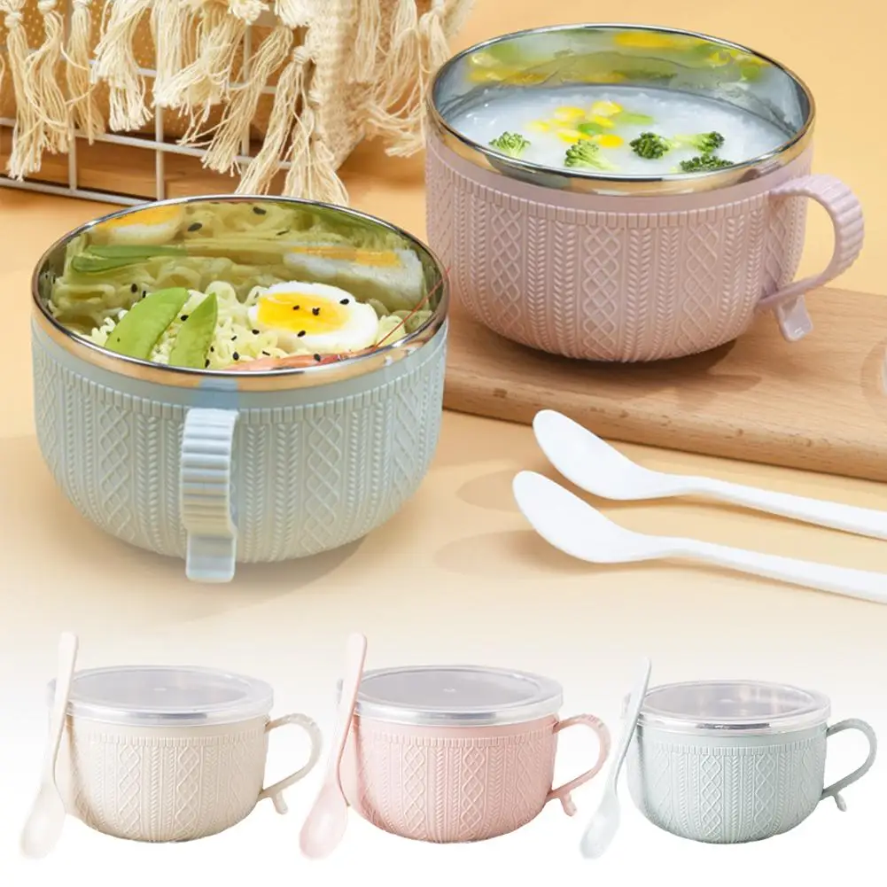 

Stainless Steel Double-layer Ramen Noodles Bowl Anti-scalding Tableware With Bowl Large Capacity Spoon Lid Noodle And Insta J4S6