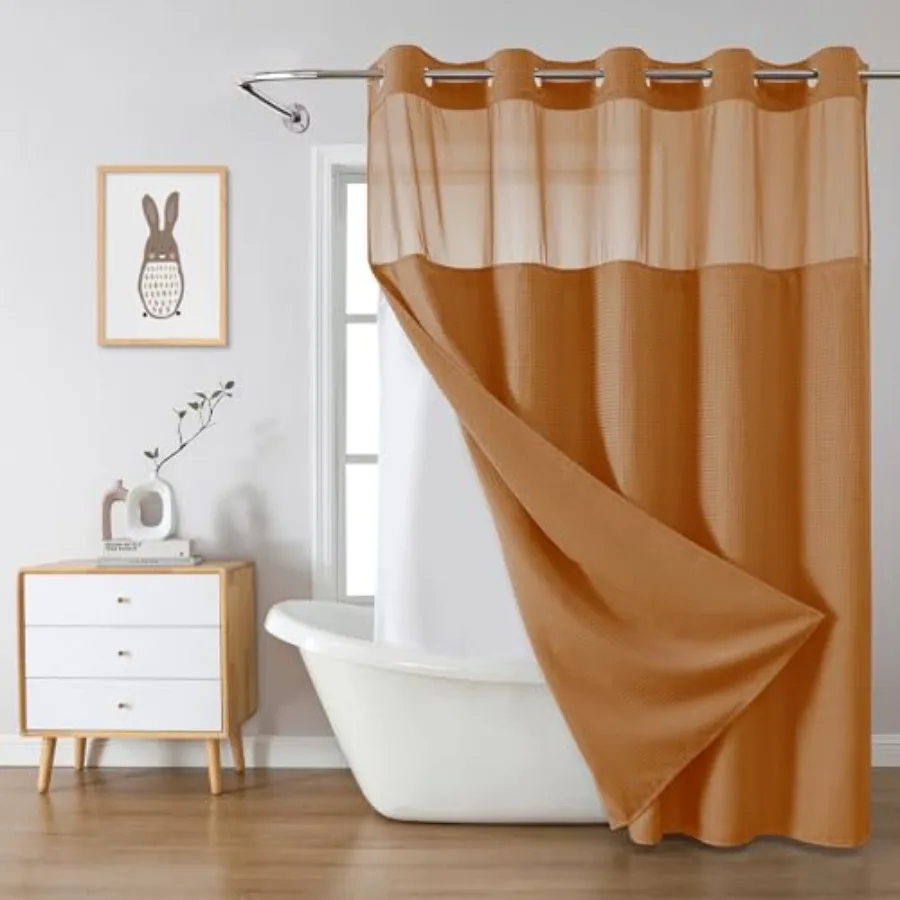 

BurntOrange No Hook Waffle Weave Shower Curtain with snap-in Liner Replacement 230GSM Waterproof Fabric Hotel Shower Curtain Se