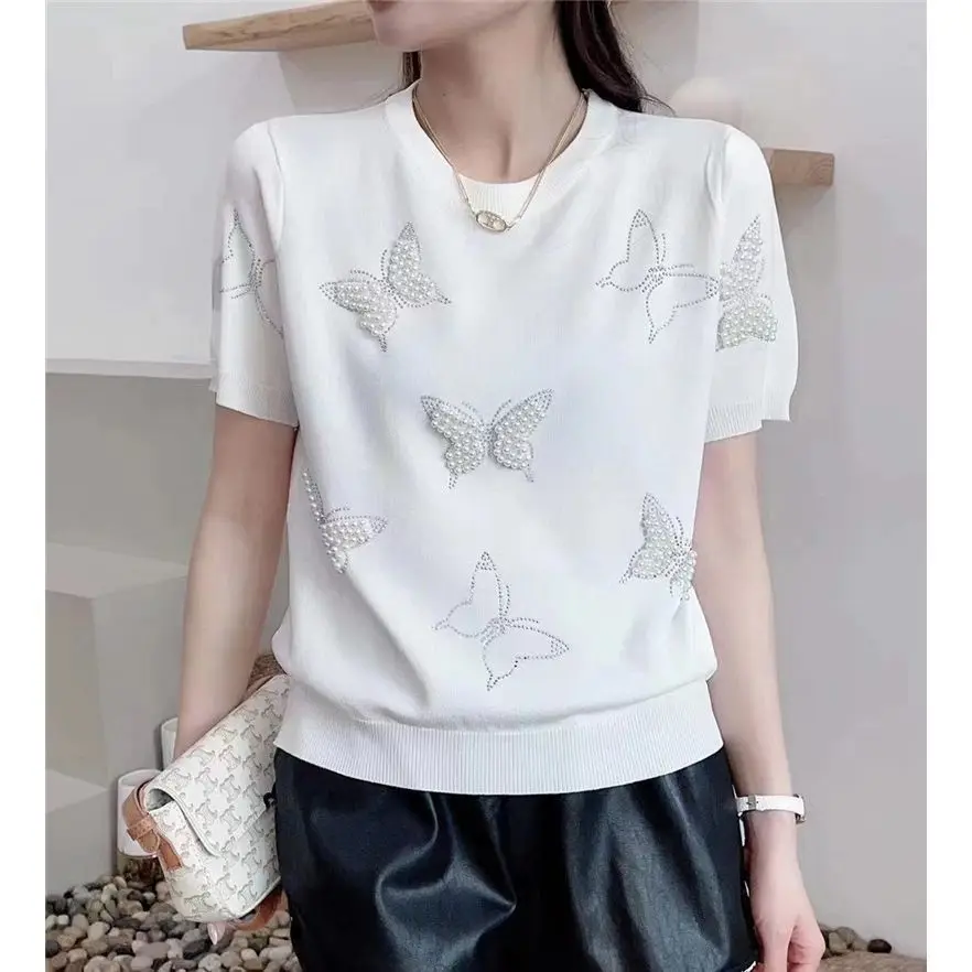 

Summer Thin Ice Silk Knitted T-shirt 2026 New Women Elegant Pearl Butterfly Tee Ladies Casual Thin Comfortable Breathable Shirt