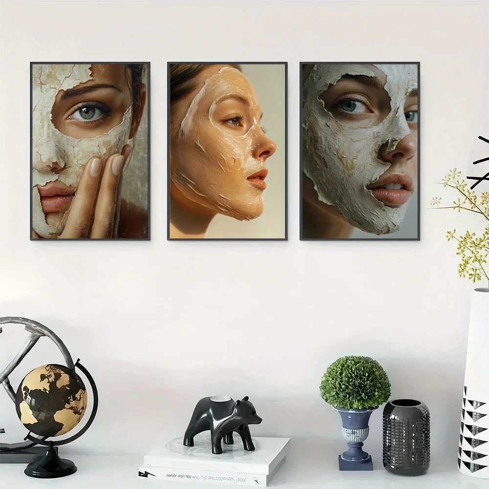 （Noframe 3PCS）-2D Flat, 2D Flat, Set of 3 Unframed Wall Art Pieces for Skincare Solutions, Canvas Prints of Facial Care Ritua