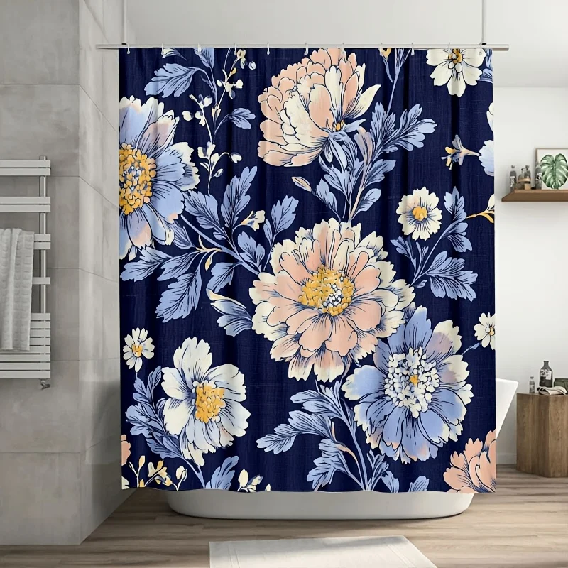 豪華なネイビーブルーの花柄シャワーカーテン防水ボヘミアンバスルーム装飾カーテンリネン家庭用入浴エリアデザイン用