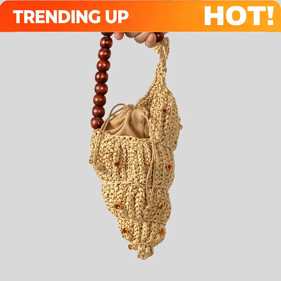 Creative Diamonds Conch Design Straw Bag Handmade Woven Women Handbags Wooden Beading Strap Shoulder Bags Funny Summer Beach Bag