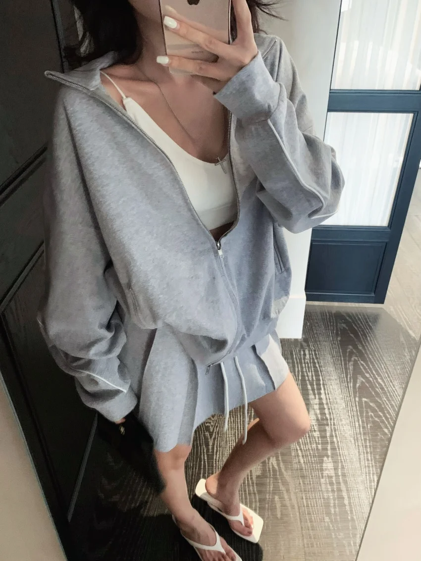 Alien Kitty New Casual Sports Suits Women Cardigans Coat Summer Loose 2025 Daily Minimalist High Street Pleated Mini Skirts Sets