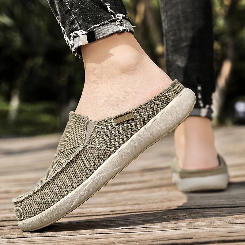 Men Canvas Sneakers Men Comfortable Slip-on Flats Casual Shoes Men Half Slipper Breathable Walking Shoes Non-slip Men Slippers