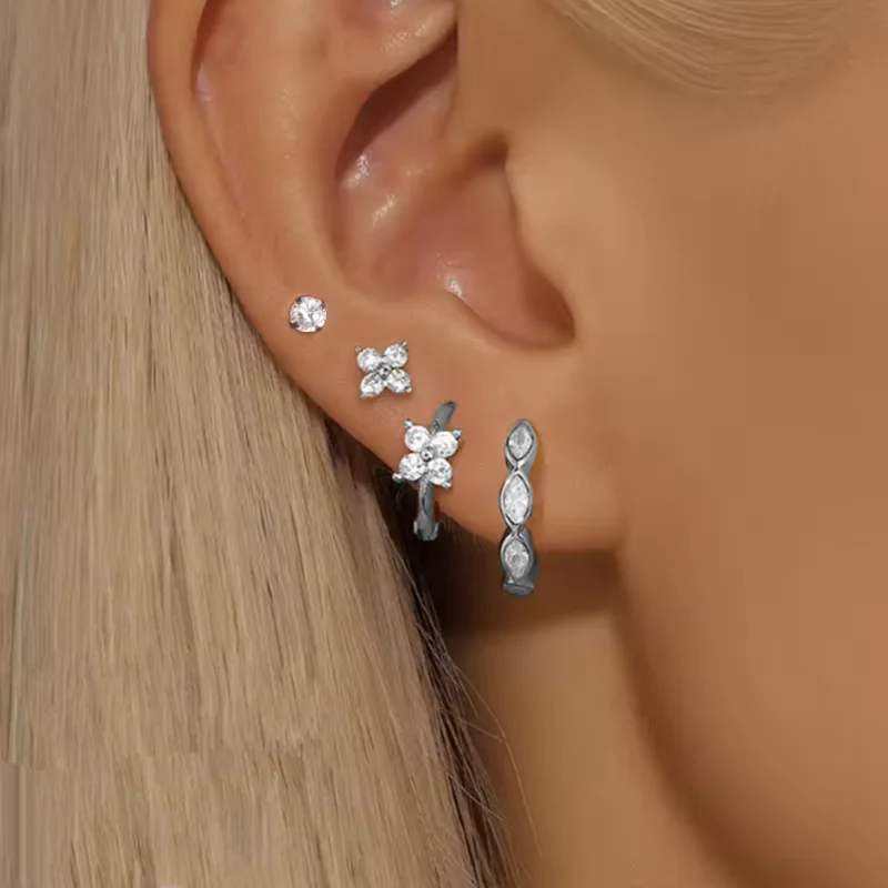 4PCS Zirkon Herz Mond Blume Kleine Hoop Ohrringe Set Für Frauen Edelstahl Huggies Anhänger Piercing Ohrringe Schmuck Aretes