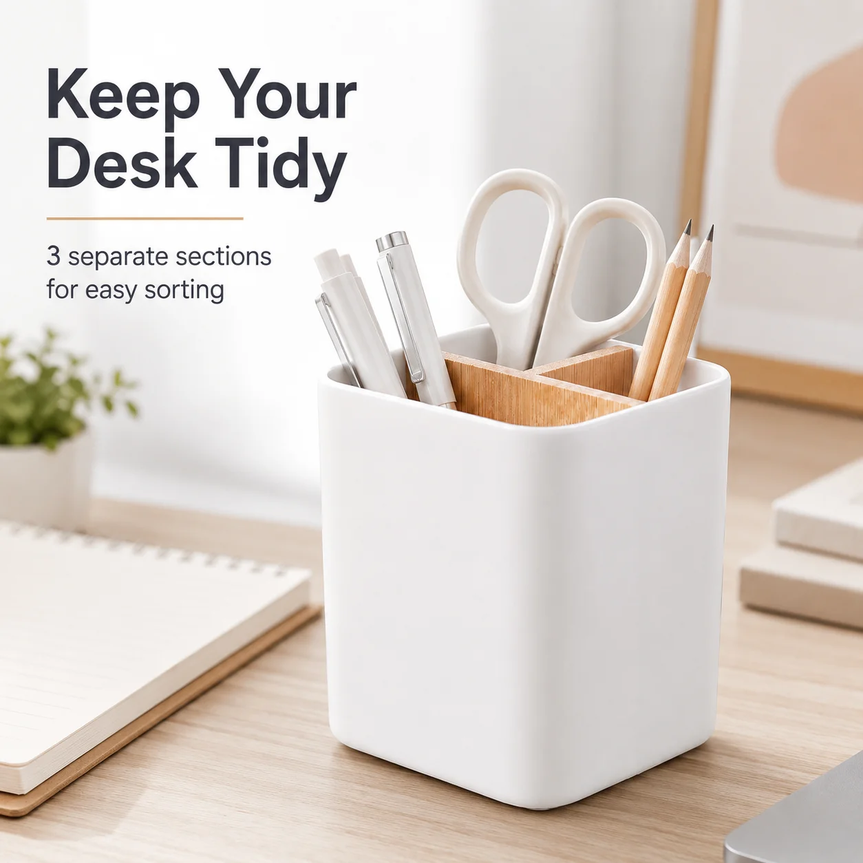 QA Modern Desk Pen Holder Organizer 3 Compartments Bamboo Divider White Minimalist Storage Cup for Office Home School Supplies O