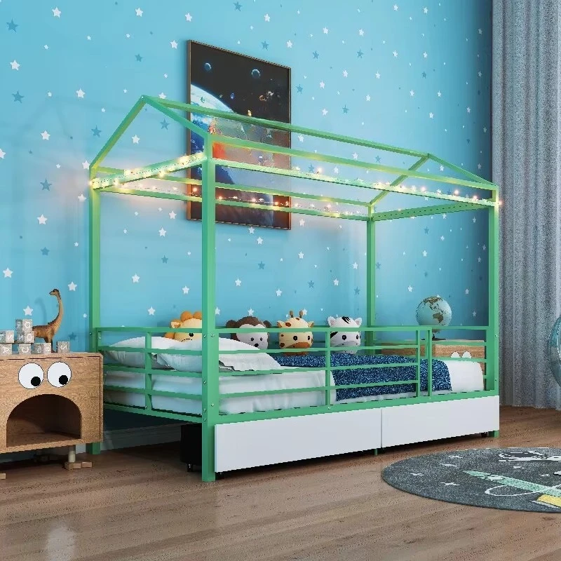 

Twin Size House Shape Bed Frame 2 Storage Drawers Space Saving Modern Design Sturdy Metal Construction Easy Assembly ODM/OEM