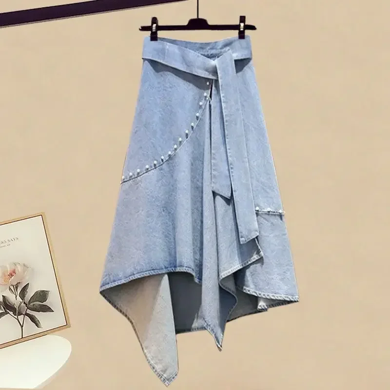 Blauwe Patchwork Chiffon Shirt Top Onregelmatige Denim Korte Rok Tweedelige Set Met Veters