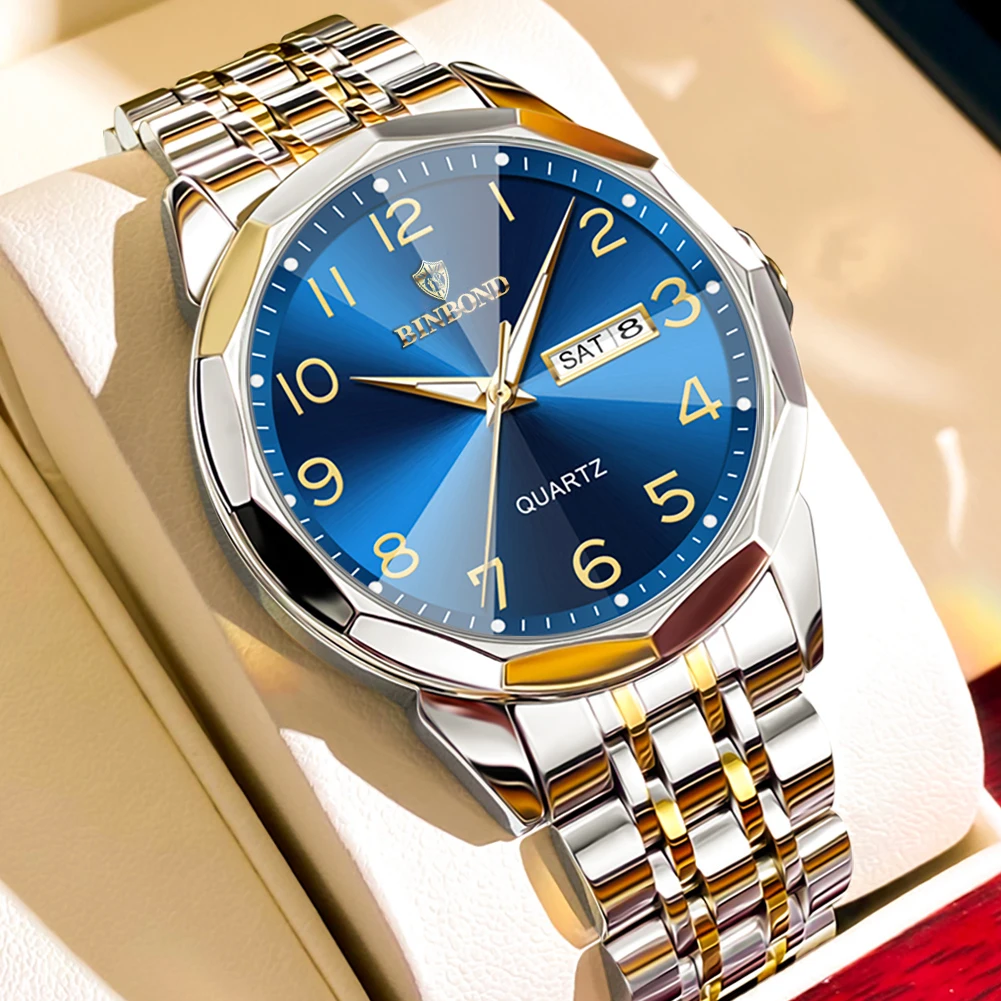 BINBOND ساعات رجالية فاخرة موضة أصلية كوارتز ساعة يد كبيرة أرقام عربية الهاتفي حزام الفولاذ المقاوم للصدأ مقاوم للماء Reloj