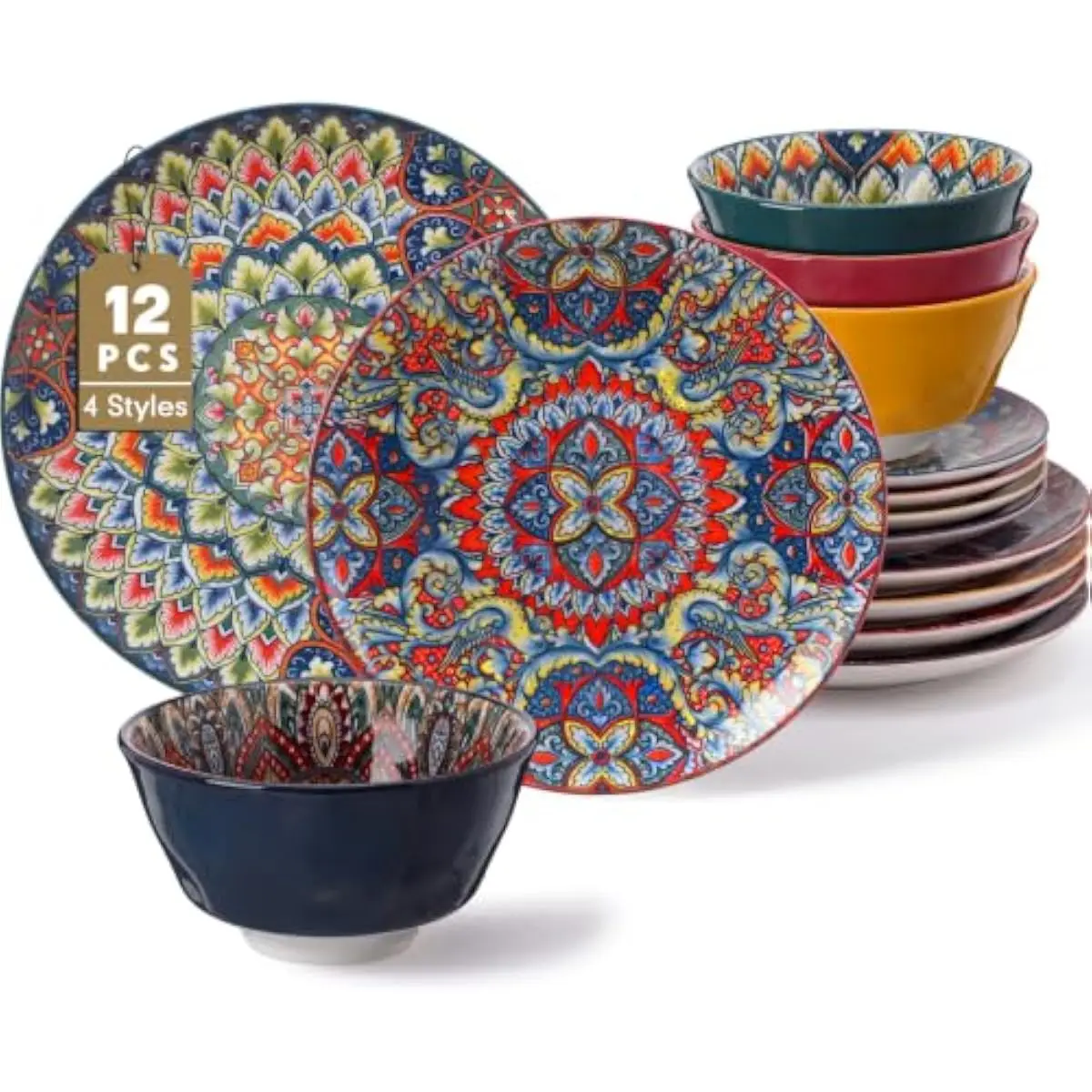 12-piece ceramic tableware collection for 4 persons featuring 10.5-inch dinner plates 8.8-inch salad plates and 4.9-inch cereal