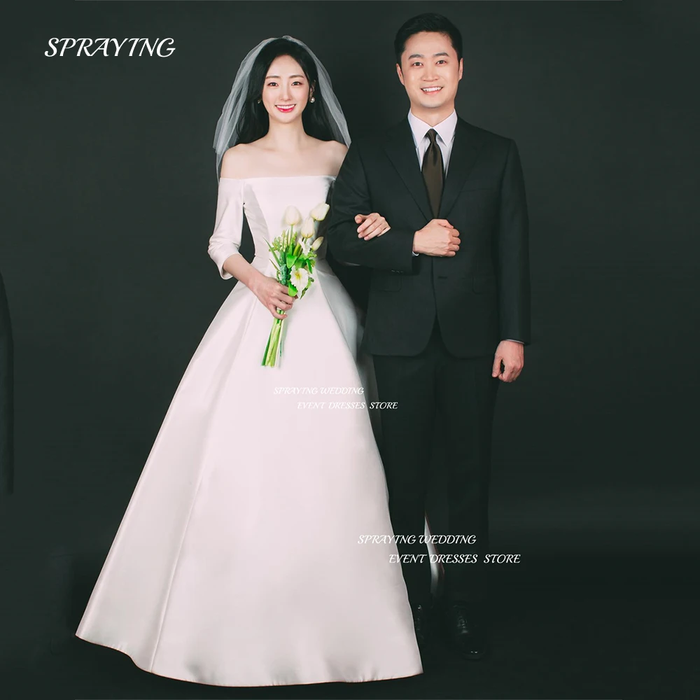 

SPRAYIN Simple Off Shoulder Korea Wedding Dress Long Sleeve A Line Bridal Gown Soft Satin 웨딩드레스 For Photo Shoot