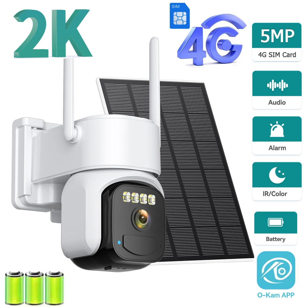 5MP SIM Card 4G Security Camera Solar Powered Two-way Audio 7500mAh Rechargeable Color Night Vision O-Kam CCTV Surveillance