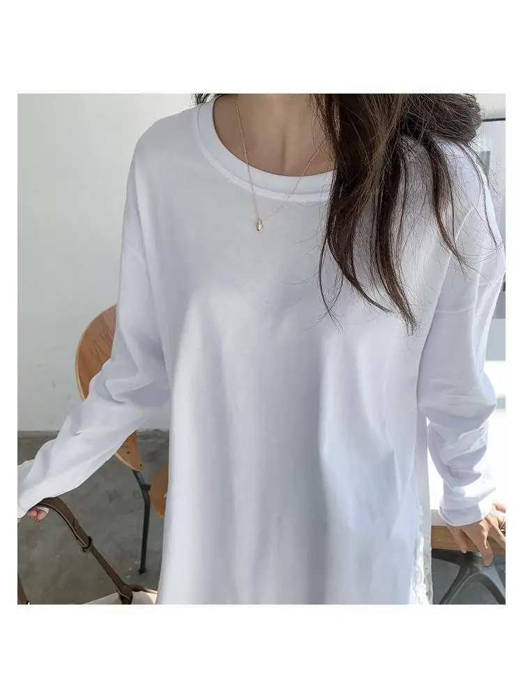 Plus Size 6XL 150kg Autmn Women Lace T-Shirt Ladies Casual Basis O Collar White Black Long Sleeve Ladies T-Shirt