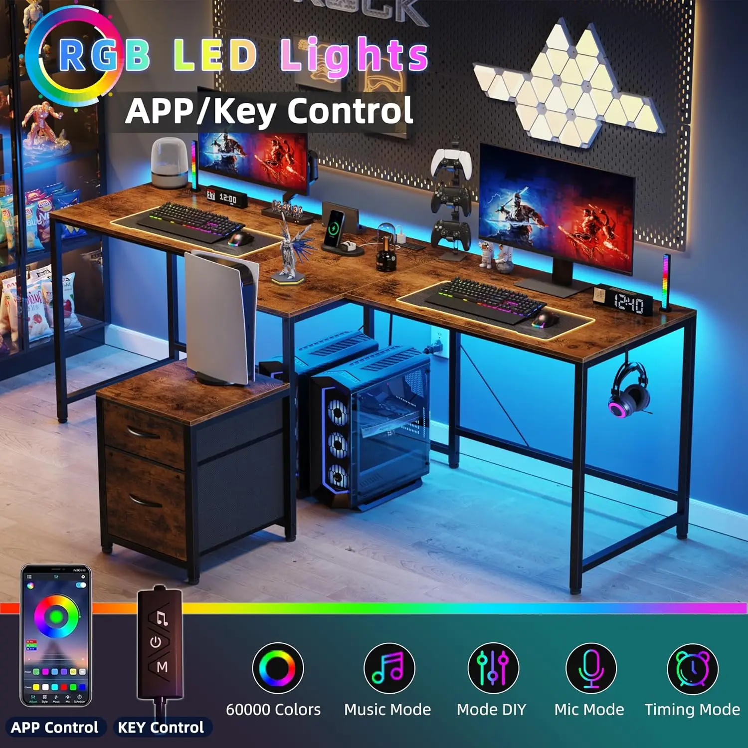 مكتب على شكل حرف T لشخصين مع مخرج طاقة، طاولة ألعاب طويلة لشخصين مع LED وأدراج قماشية، مكاتب كمبيوتر مقاس 81.2 بوصة مع ملف #3