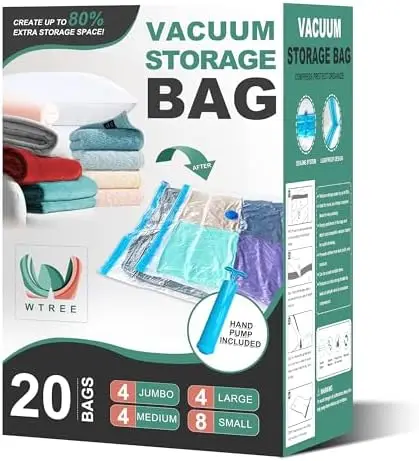 

20 Pack Vacuum Storage Bags with Pump - Space Saver for Clothes, Blankets, Comforters - 4 Jumbo, 4 Large, 4 Medium, 8 Small