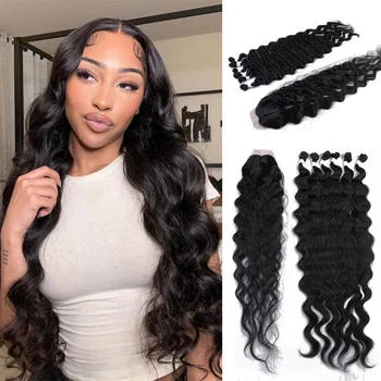 Bundles avec fermeture, cheveux synthétiques, extensions de cheveux Body Wave, 36 