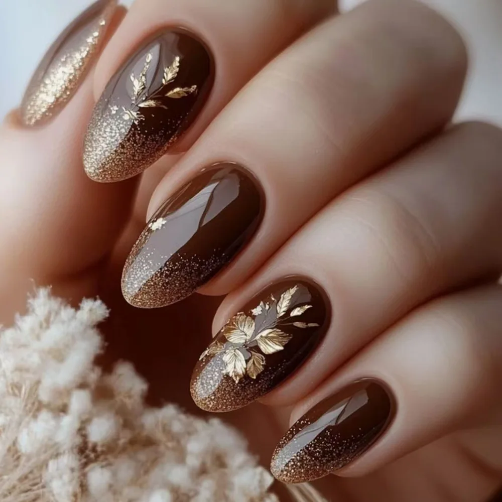 

24PCS Mocha Brown Glitter French False Nails Simple Golden Leaves Glossy Almond Press on Nails Autumn Fake Nails for Women Patch