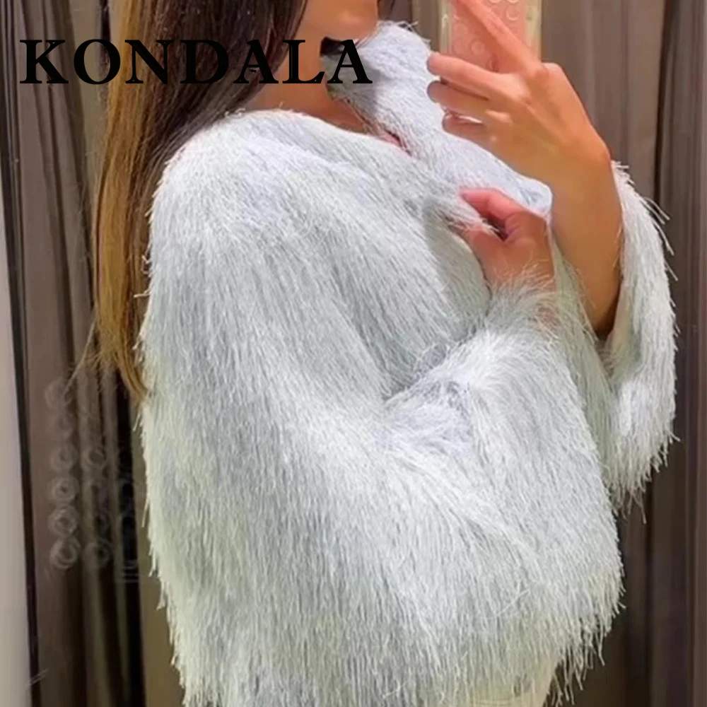 Kondala chique borla azul aniversário casaco curto moda 2025 vintage feminino elegante couro falso outwear noite festa outono y2k jaqueta