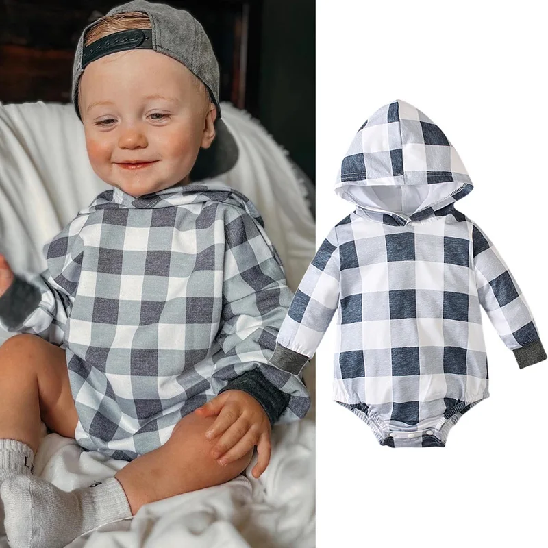

Autumn Baby Hooded Bodysuit Boy Romper Long Sleeve Plaid Casual Outfit Kid Tracksuit Infant Jumpsuit Gray Boy Clothes Child A593