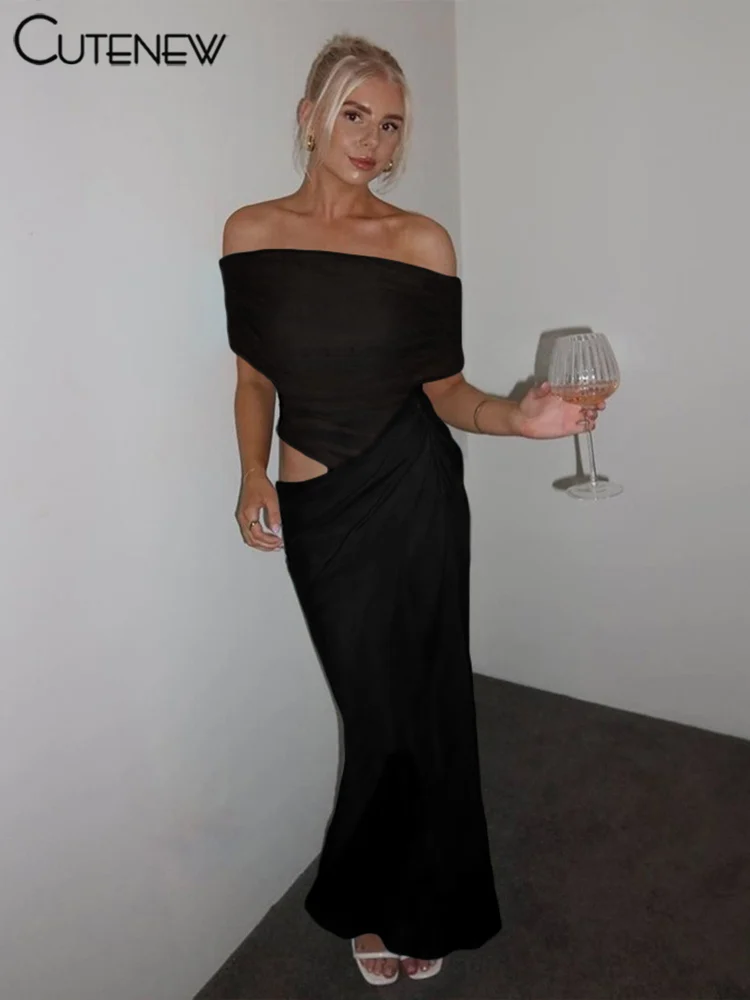 Cutenew Elegant Mesh Patchwork Dresses Women Solid Off Shoulder See Through Waistless Slim Maxi Vestidos Mujer High Street Robe