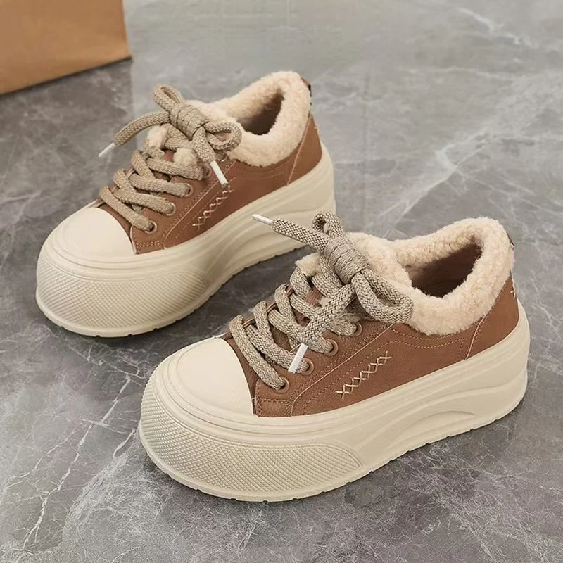 

Women's Winter New Low Top Lace Up Cotton Shoes Thick sole Round Toe Waterproof Non Slip Plush Keep Warm Casual Board Shoes