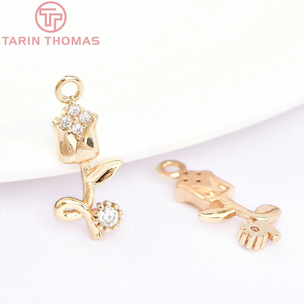 

(6013) 6PCS 8x14MM 24K Gold Color Brass with Zircon Rose Flower Branch Charms Pendants High Quality DIY Jewelry Making Findings