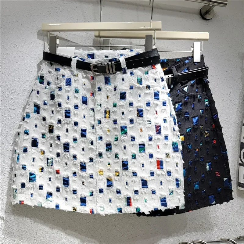 

Design denim short skirt hip skirt a word 2024 new burned flower wear trend personalized niche women's clothing