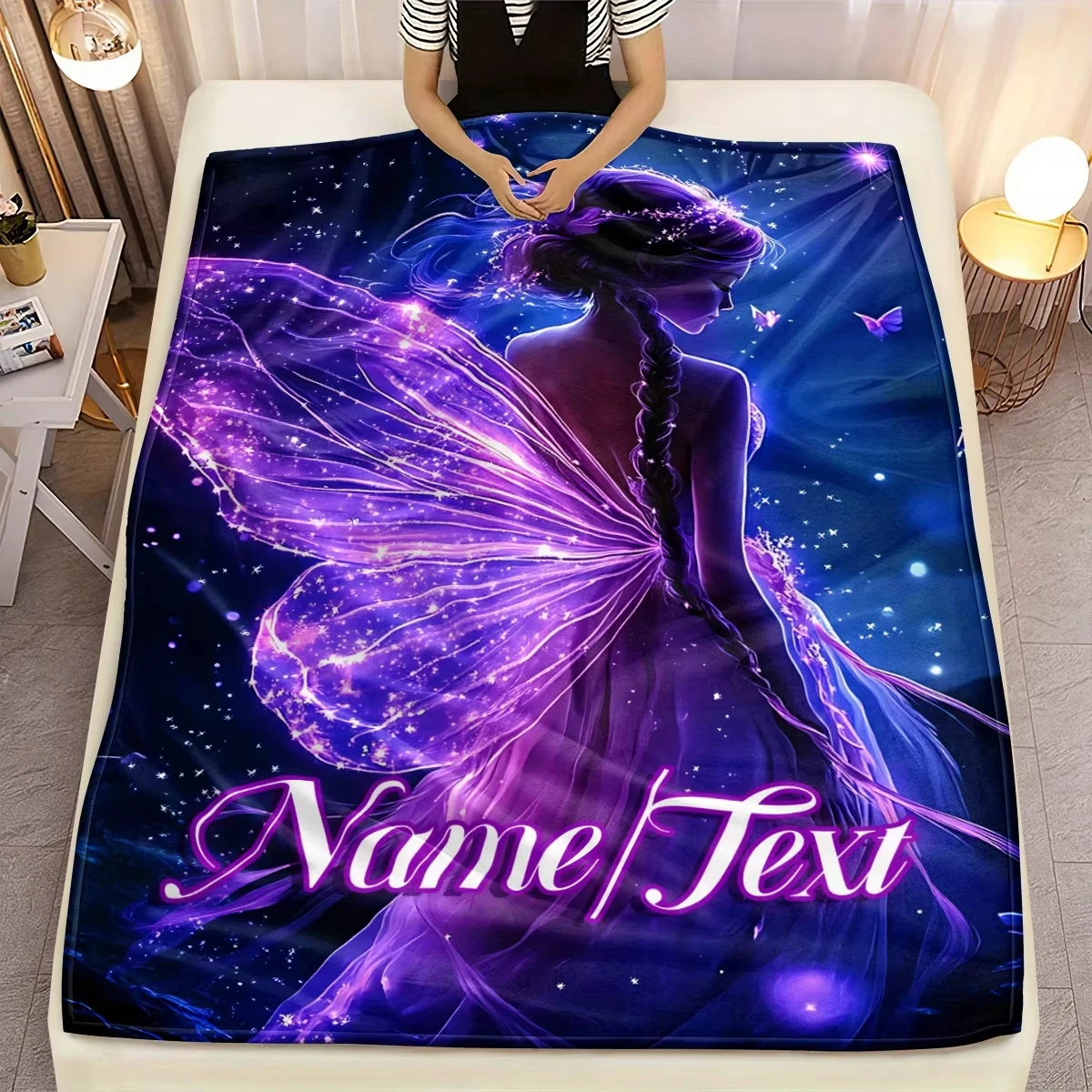 Winter Name Fairy Wings Blanket - Soft & Lightweight Flannel, Enchanting Purple & Pink Fantasy Design with Stars & Butterflies
