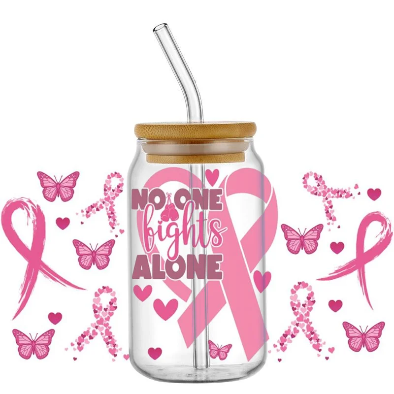 الوعي بسرطان الثدي ثلاثية الأبعاد UV DTF كأس يلتف نقل ملصقات الشريط الوردي تأكيد الأشعة فوق البنفسجية يلتف الشارات لزجاج ليبي 16oz