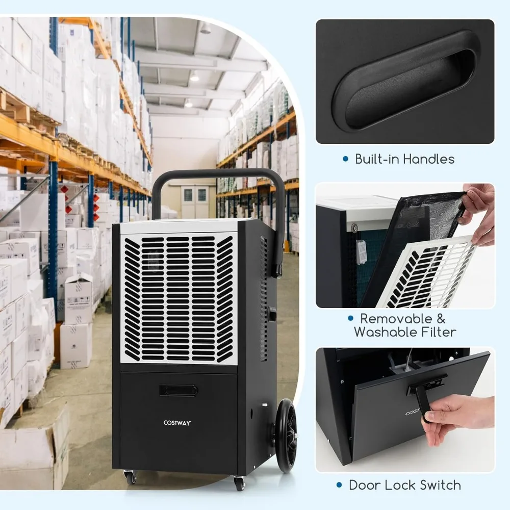 163파인트 상업용 제습기, 4500평방피트 제습기(펌프 및 배수 호스 포함), 지하실, 창고, 작업장용 24시간 타이머