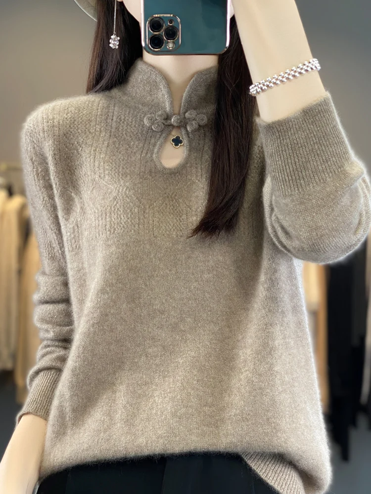 Spring Autumn Women's Mock Neck Hollow Out Pullover Chinese Style Buckle Cashmere Sweater 100% Merino Wool Knitted Long Sleeve