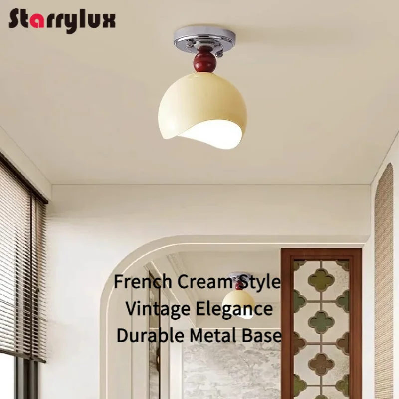 

French Cream Ceiling Light for HallwayCorridor, Vintage Acrylic Shade with Iron Base, 3-5㎡ Coverage, Milk White, Spray+Electrop3