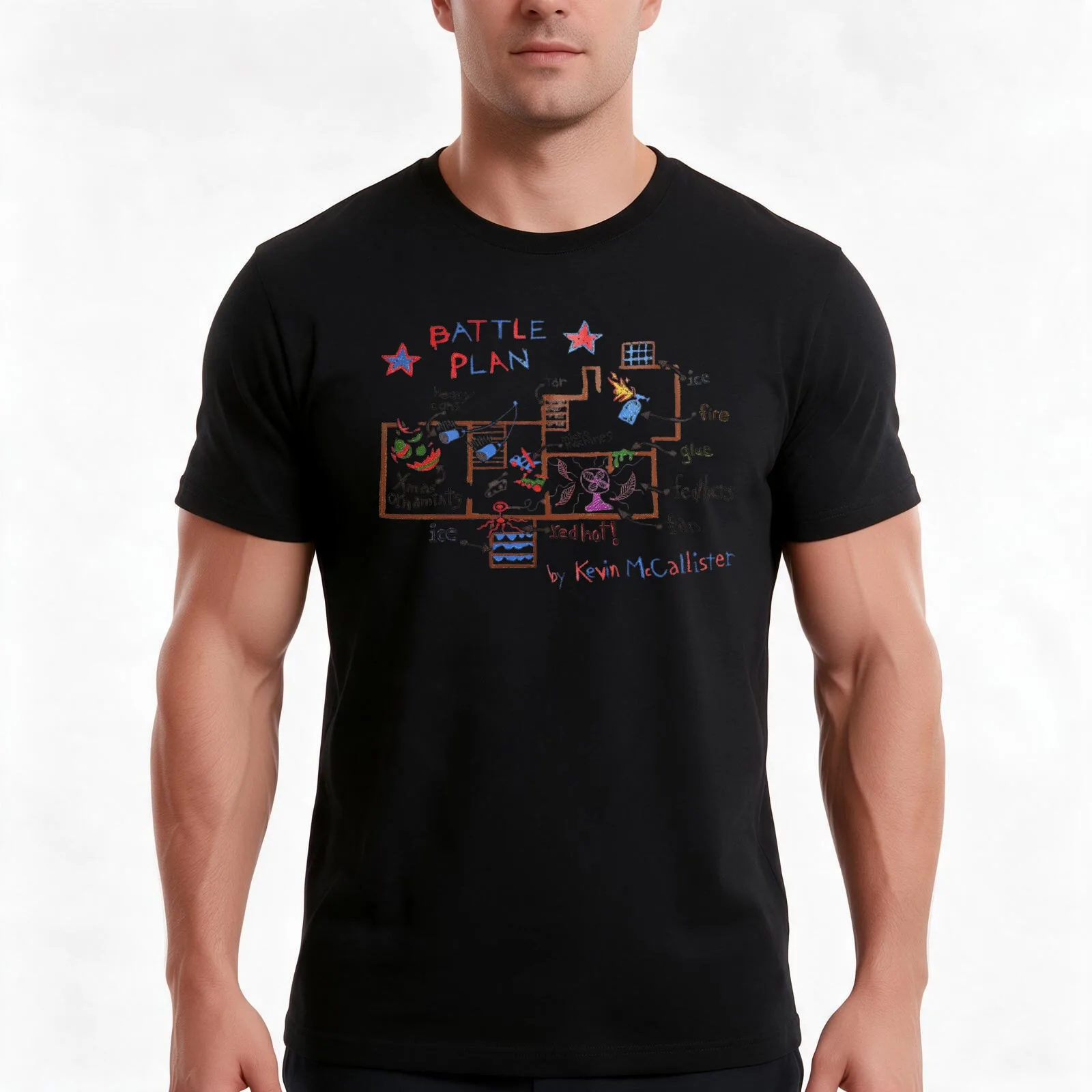 Home Alone Kevin's Battle Plan T-Shirt, Summer Casual Cotton Tee, Oversized Streetwear Tops, Vintage Graphic Print, 100% Cotton