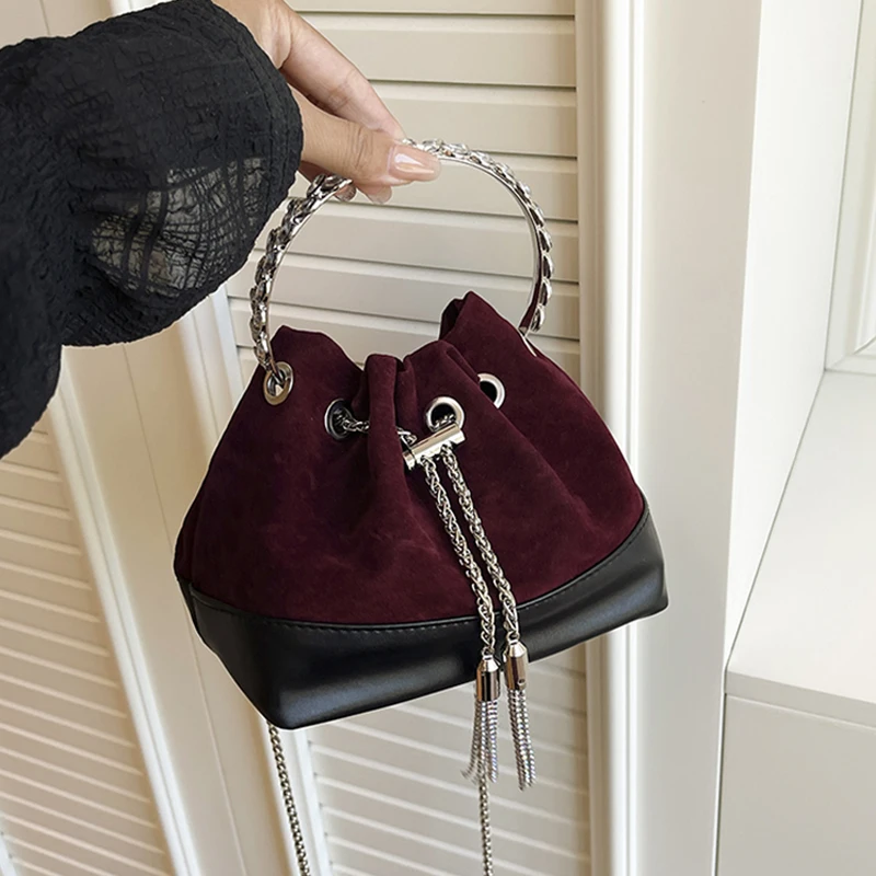 

Temperament Banquet Handbags Chic Chain Drawstring Bucket Bags Autumn New PU Suede Splicing One Shoulder Bag Mini Clutch