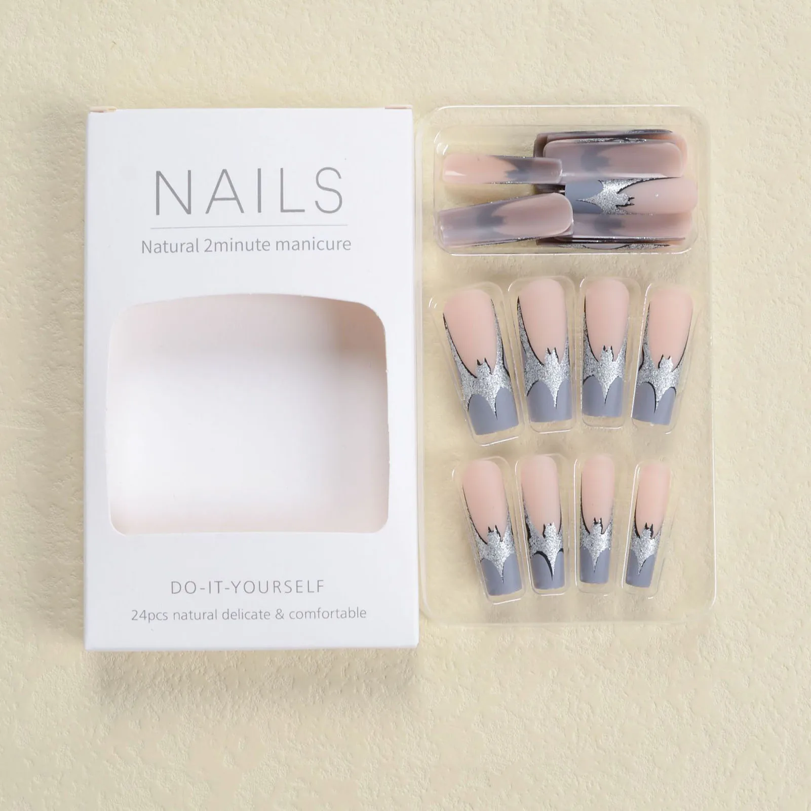 Nude Long False Nails with Grey Tip Decor with Harmless and Smooth Edge Nails for Stage Performance Wear