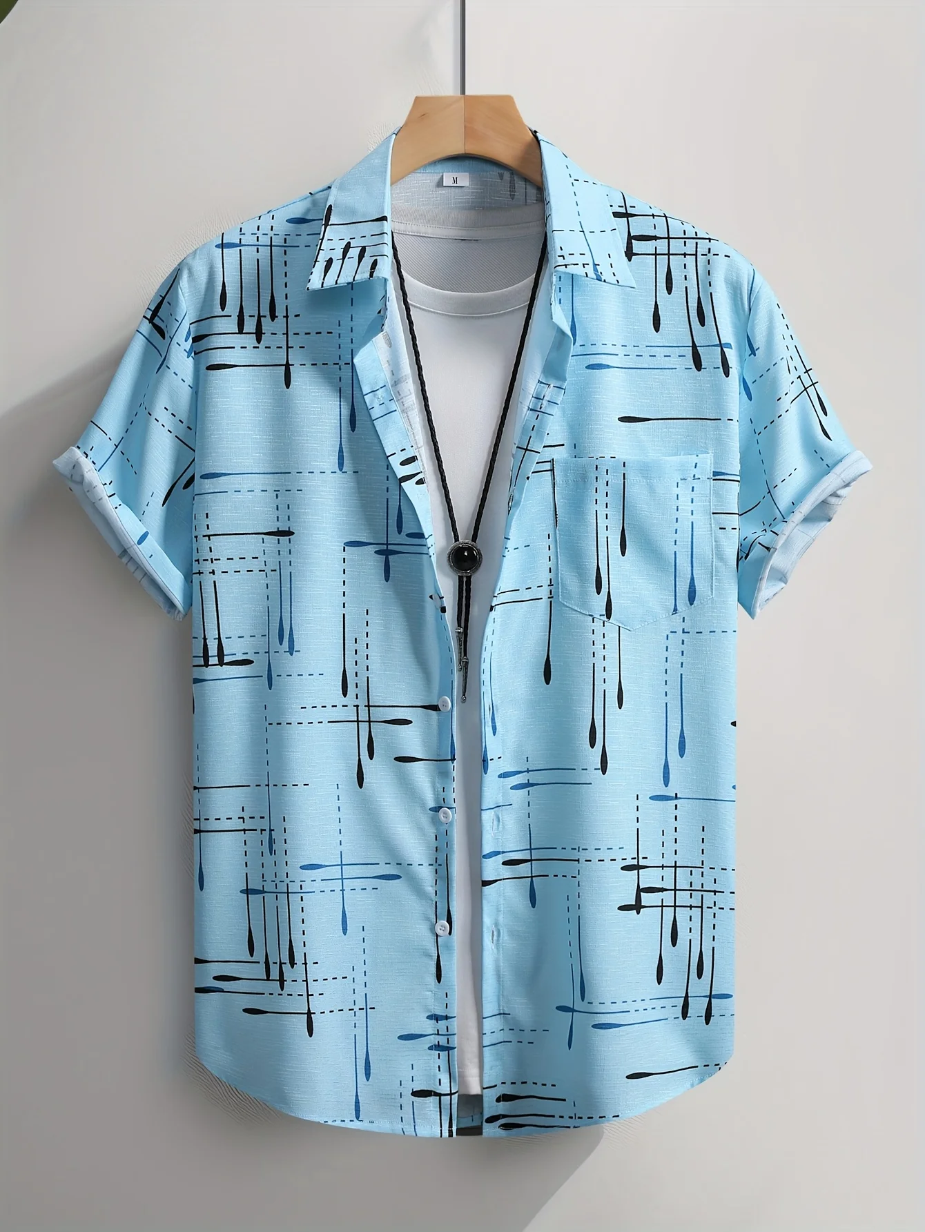 Men Short Sleeve Button Down Shirt Light Blue Brush Line Print Polyester Lapel Collar Casual Beach