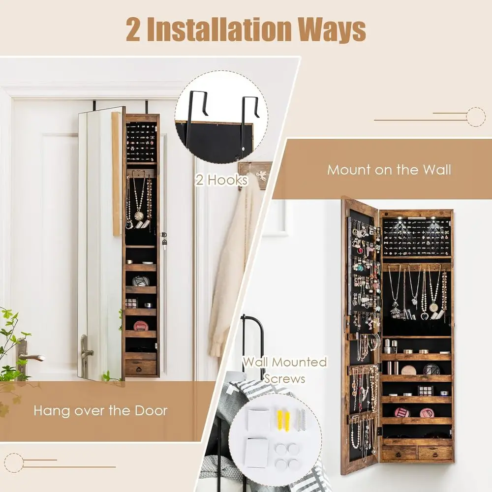 Rustic Brown Wall-Mounted Jewelry Armoire with Full-Length Mirror, LED Lights, Lockable Organizer, and Storage view 5