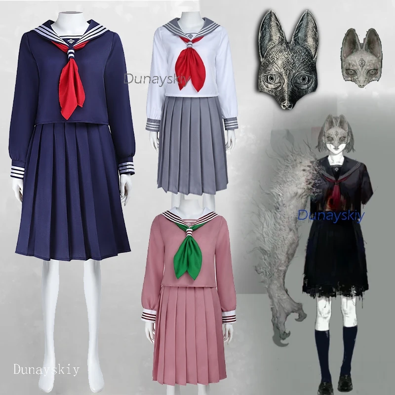 أزياء الهالوين التأثيرية الصامتة ƒ Hill لعبة مخيفة أزياء الرعب التأثيرية Hinako Shimizu زي JK زي الوحش الثعلب قناع تنورة Wom