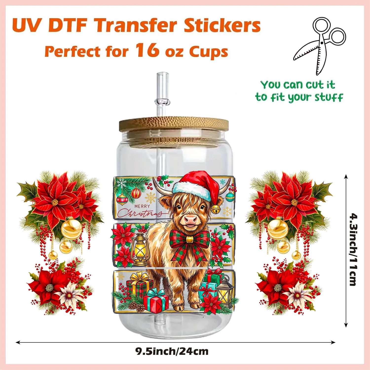5 Sheets Christmas Highland Cattle UV DTF Sticker Party DIY Decals 3D transfers uvdtf Tumbler Stickers 16oz uv dtf cup wraps