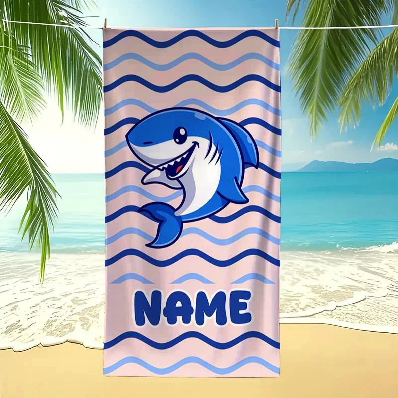 Custom Cartoon Shark Beach Towel Personalized Name Print Soft Quick-Dry Large Bath Towel for Kids Swim Pool Travel Gift