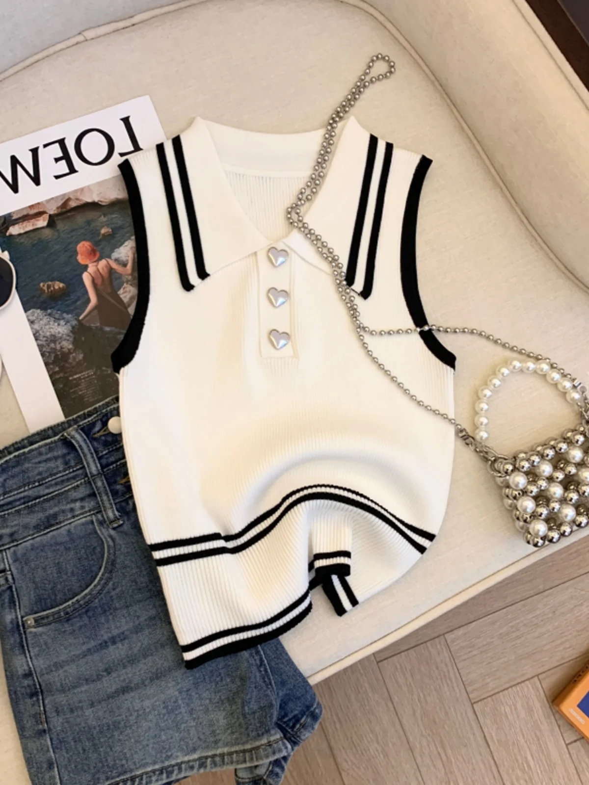 

Slim Fit Knitted Vest Women's Summer Ageless Short Top Sleeveless Collar Sweet Style Other Sleeve Other Length Regular