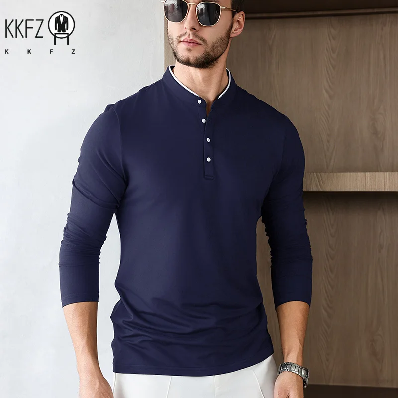 2025 New Men's Casual and Fashionable Solid Color Long Sleeved Stand Up Collar T-shirt Summer Versatile and Comfortable Top